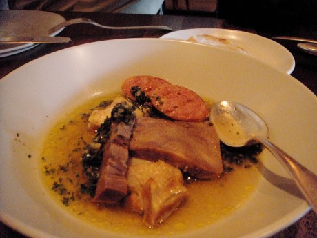 Chicken thigh, sausage and beef tongue.