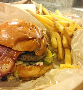LBB bacon and cheddar cheeseburger with fries.
